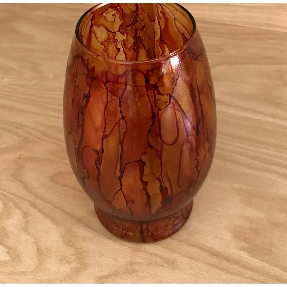 Hand crafted brown orange artisan glass vase painted with alcohol inks